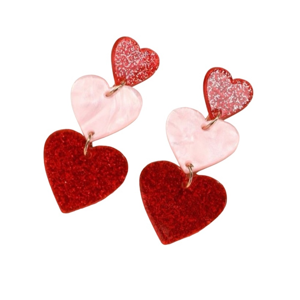 New! Triple Heart Pink and Red Earrings - Picture 2 of 3